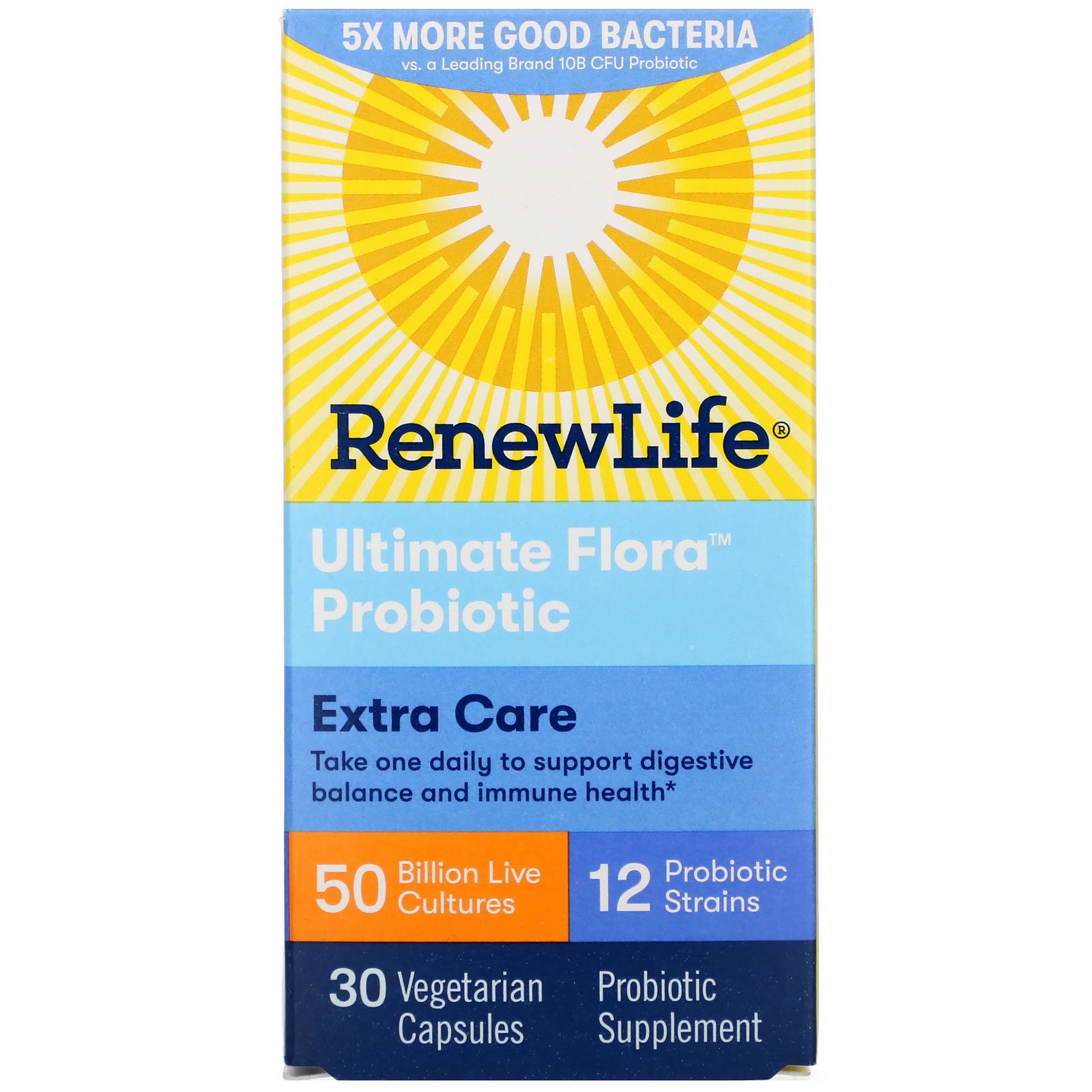 Renew Life, Cuidado Extra, Probiotico Ultimate Flora, 50 Bilhões de Culturas Vivas, 30 Cápsulas Vegetais
