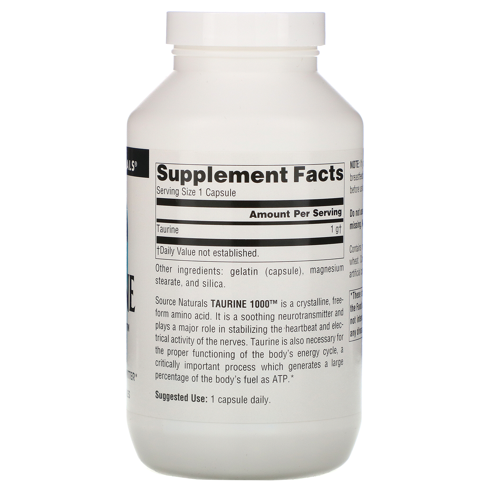 Source Naturals, Taurina 1000, 1.000 mg, 240 Cápsulas - Imagem 2