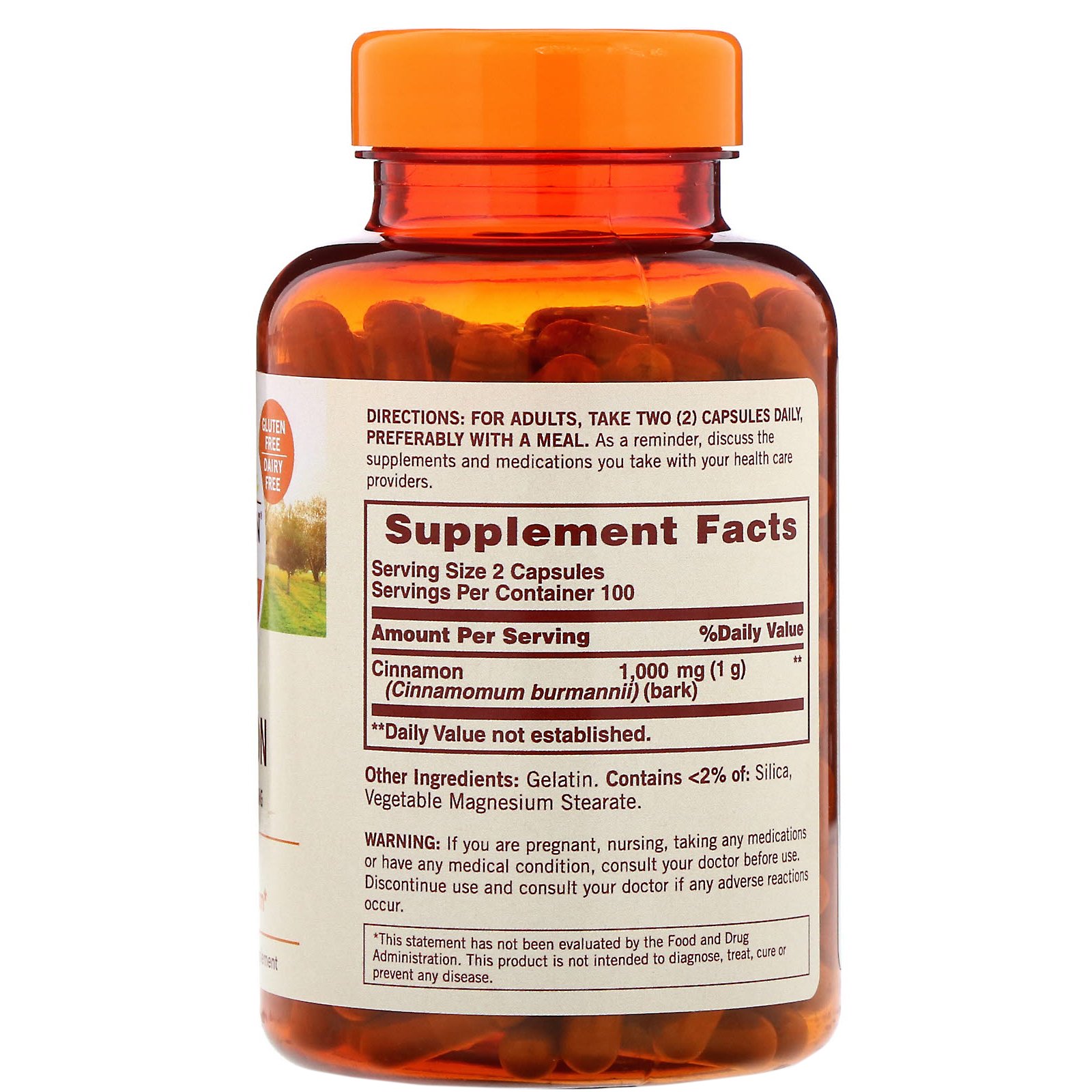 Sundown Naturals, Canela, 1000 mg, 200 Cápsulas - Imagem 2