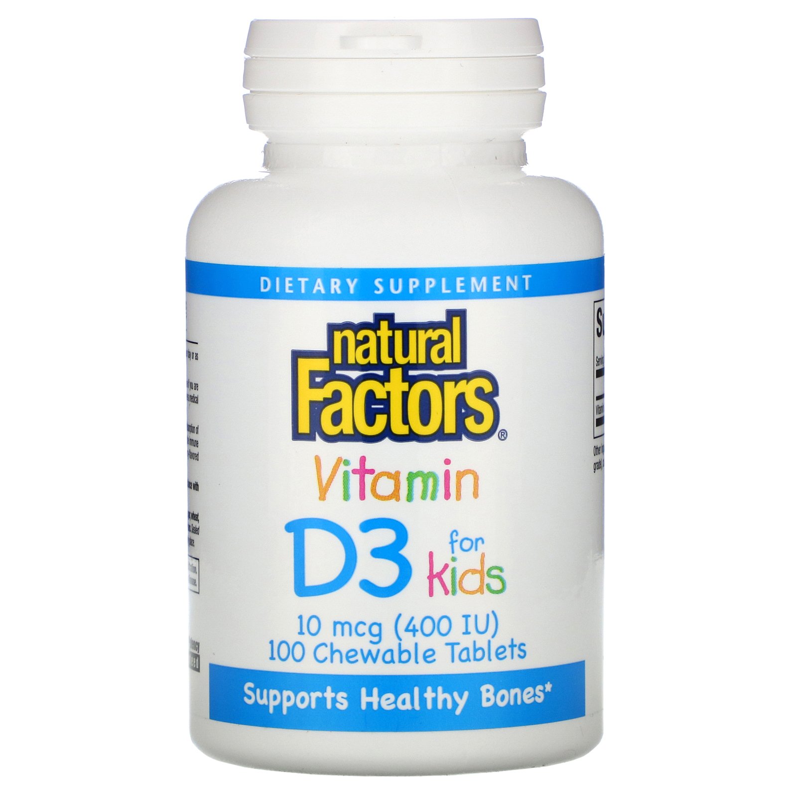 Natural Factors, Vitamina D3, Sabor de Morango, 400 UI, 100 Comprimidos Mastigáveis
