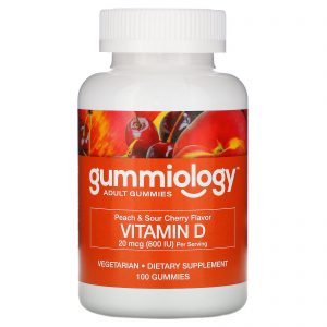 Gummiology, Gomas de Vitamina D3 para Adultos, Aromatizantes Naturais de Pêssego e Cereja Azeda, 100 Gomas Vegetarianas