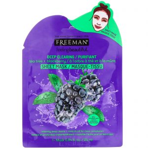 Freeman Beauty, Feeling Beautiful, Máscara em Folha para Limpeza Profunda, Árvore do Chá + Amora, 1 Máscara