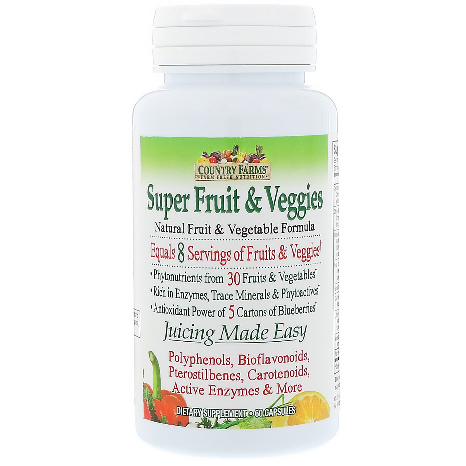 Country Farms, Super Fruit & Veggies, Natural Fruit & Vegetable Formula, 60 Capsules - Imagem 3