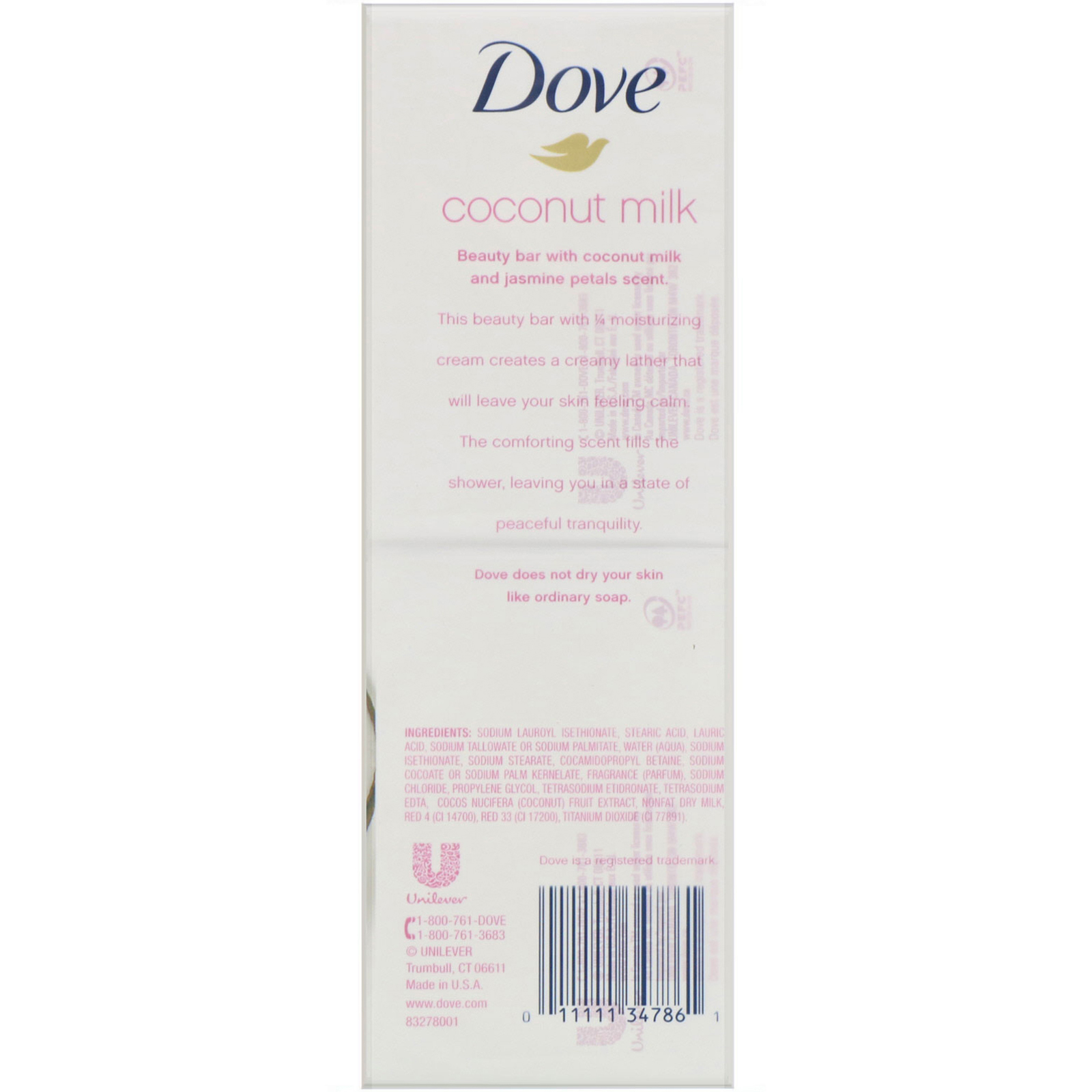 Dove, Sabonete de beleza em barra Purely Pampering, leite de coco e pétalas de jasmim, 6 barras de banho, 113 g cada - Imagem 2