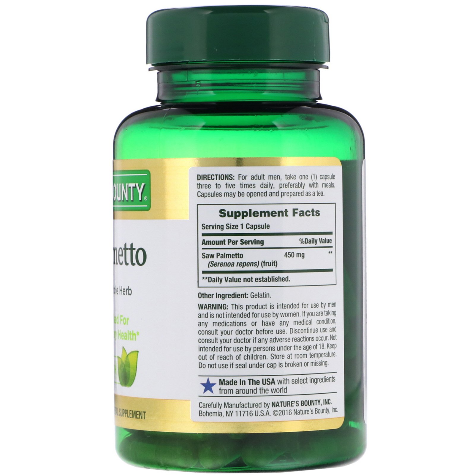 Nature's Bounty, Saw Palmetto, 450 mg, 100 Capsules - Imagem 2