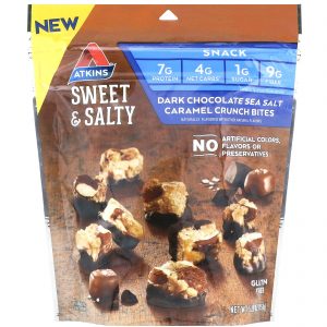 Atkins, Petiscos Sweet & Salty, Chocolate meio amargo com sal marinho e pedaços crocantes de caramelo, 5,29 oz (150 g)