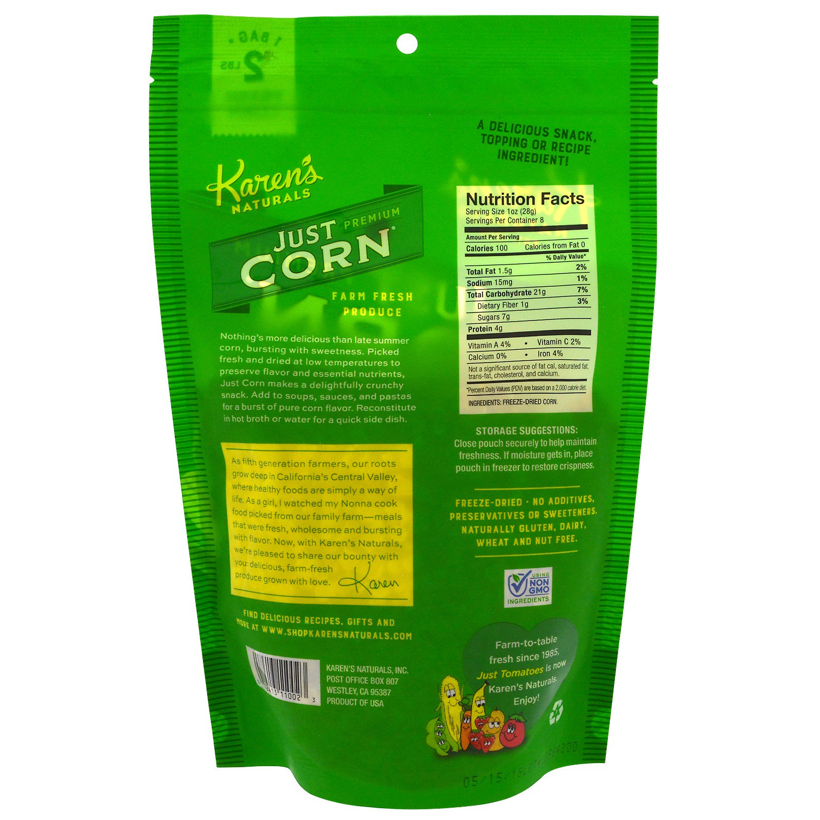 Karen's Naturals, Vegetais Premium Congelados a Seco, Apenas Milho, 8 oz (224 g) - Imagem 2