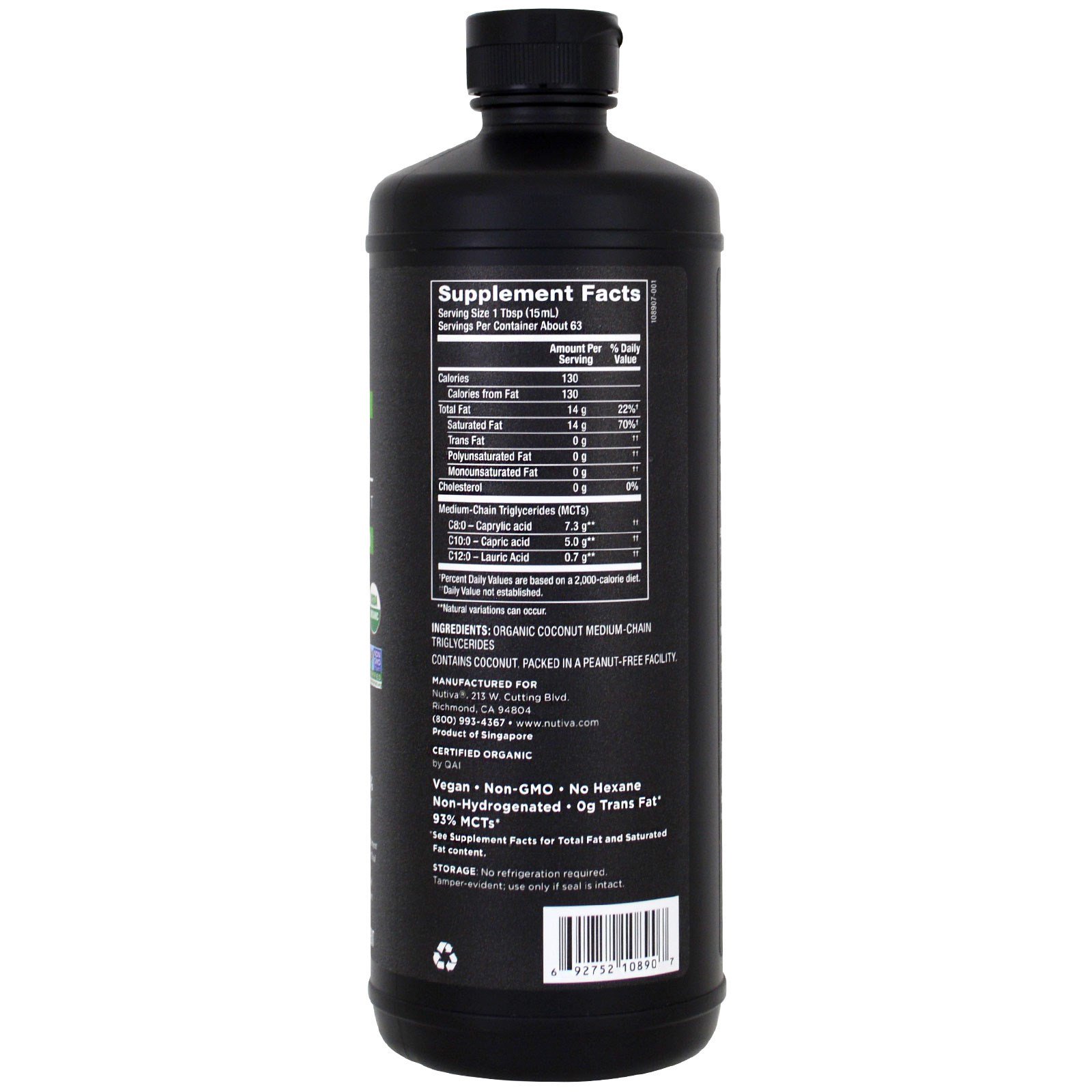 Nutiva, Óleo TCM Orgânico de Coco, Sem Sabor, 946 ml (32 fl oz) - Imagem 2