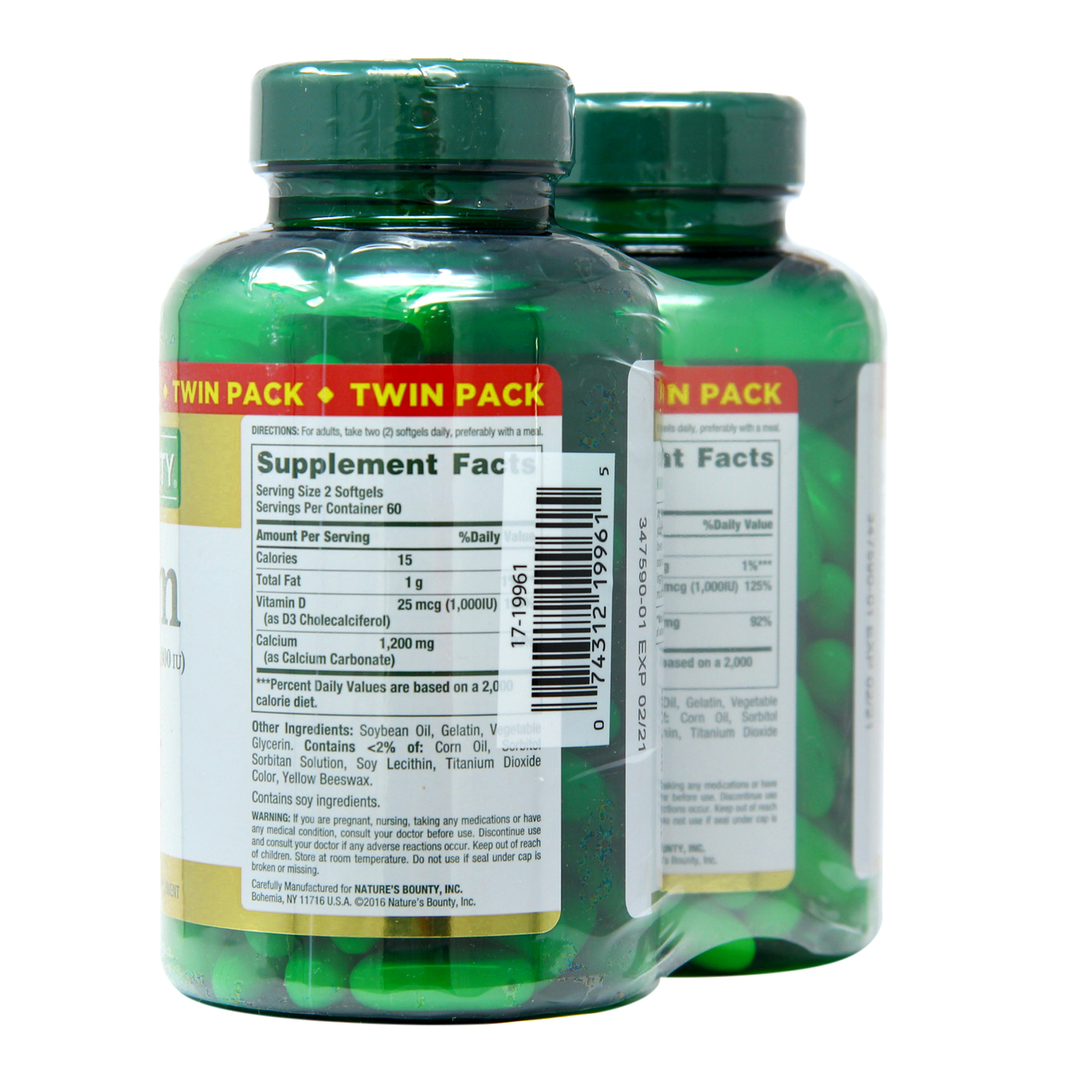 Nature's Bounty Cálcio mais Vitamina D3 Twin Pack - 1,200 mg - 120 Cápsulas em Gel Per Bottle - Imagem 2