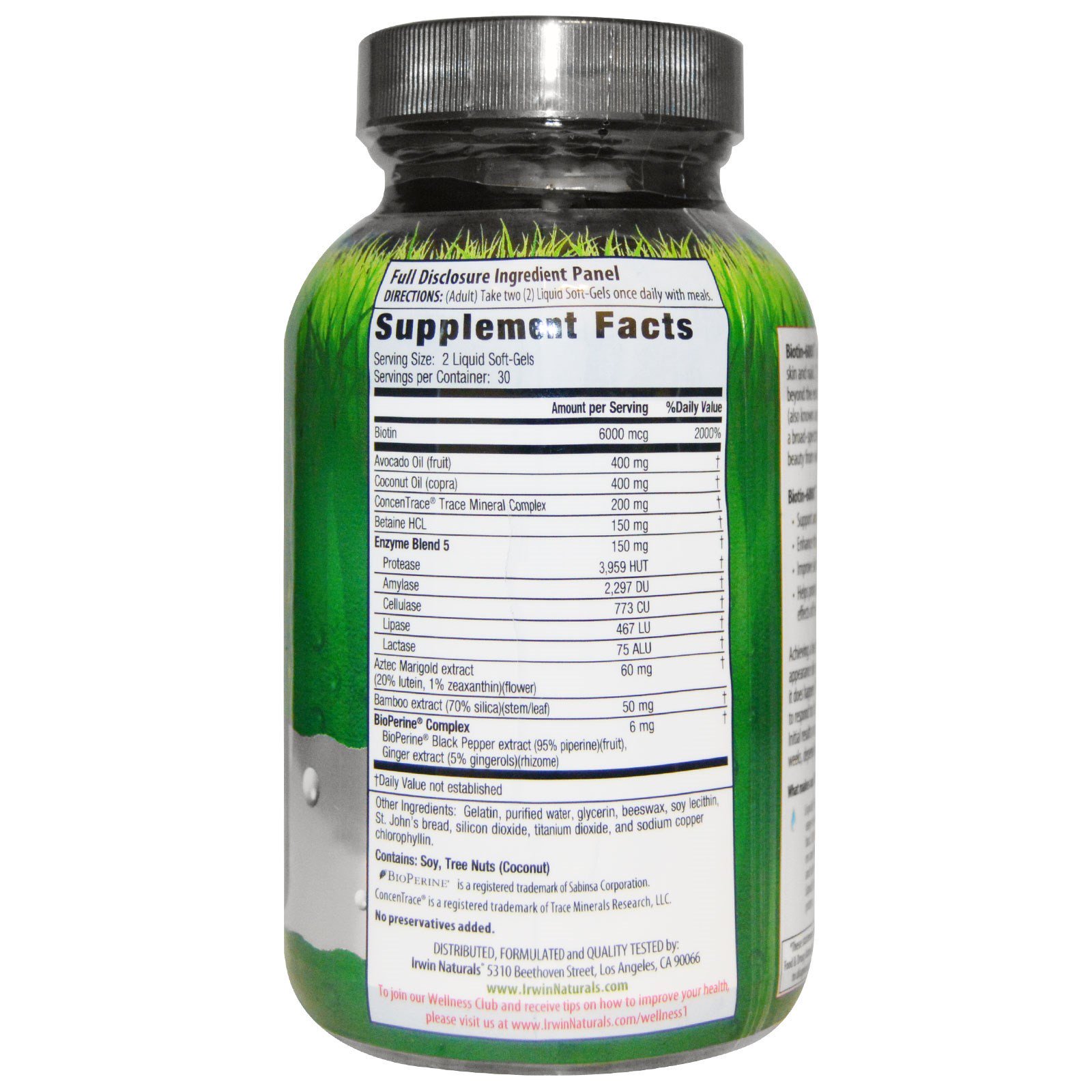 Irwin Naturals, Biotin-6000 with Bamboo Extract, 60 Liquid Soft-Gels - Imagem 2
