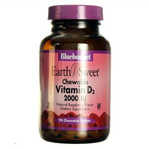 Bluebonnet Nutrition, Earth Sweet®, Vitamina D3 2.000 UI, Sabor Framboesa - 90 Tabletes
