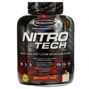 Muscletech, Nitro Tech, Isolado de Whey + Construtor de Massa Magra, Bolo de Aniversário, 3,97 lbs (1,80 kg)