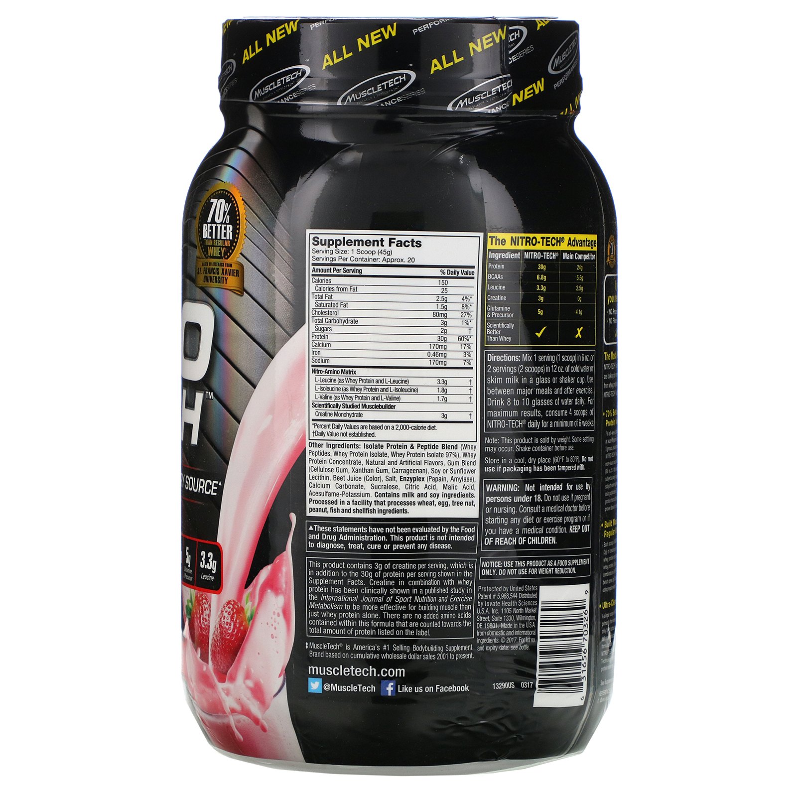 Muscletech, Nitro-Tech, Isolado de Whey + Construtor de Massa Muscular Magra, Morango, 907 g (2 lbs) - Imagem 2