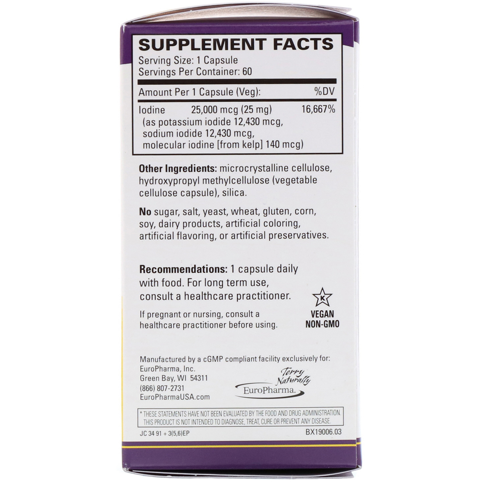 EuroPharma, Terry Naturally, Tri-iodo, 25 mg, 60 Cápsulas - Imagem 2