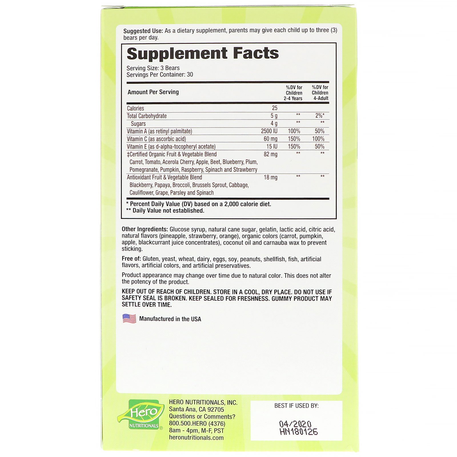 Hero Nutritional Products, Yummi Bears, Wholefood Fruit + Veggie, 90 Gummy Bears - Imagem 2