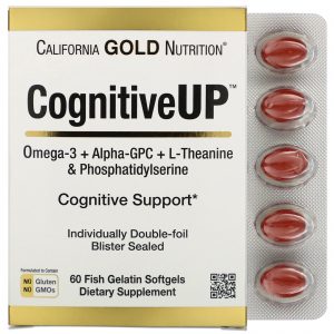 California Gold Nutrition, CognitiveUP, Ômega 3, Alpha-GPC, Teanina e PS, 60 Cápsulas de Gelatina de Peixe Softgel