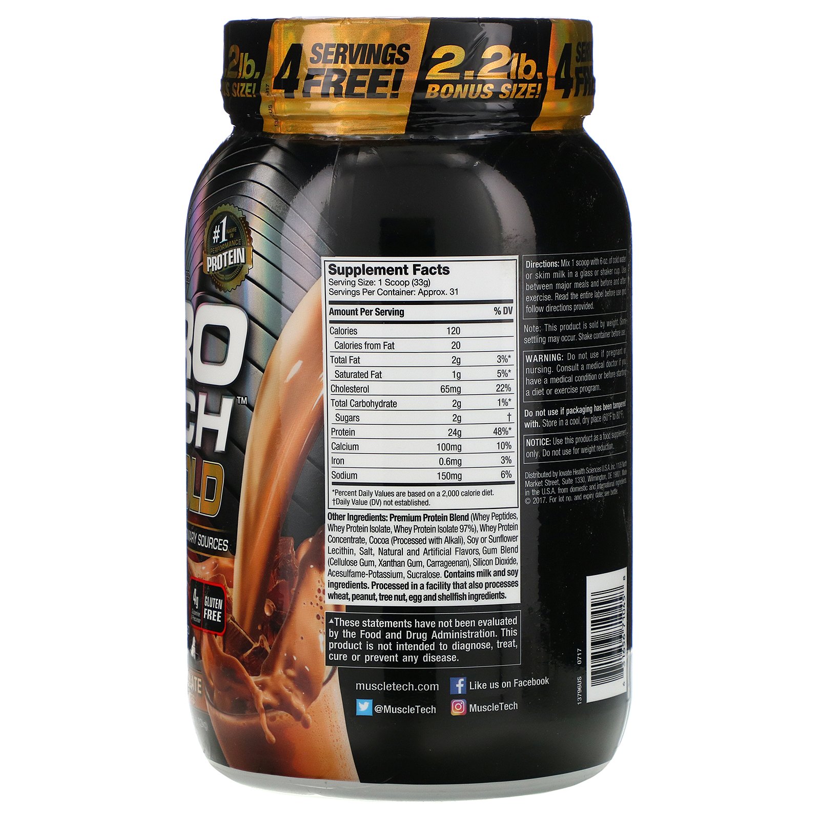 Muscletech, Nitro Tech, 100% Whey Gold, Chocolate em Dobro, 1,02 kg (2,24 lbs) - Imagem 2