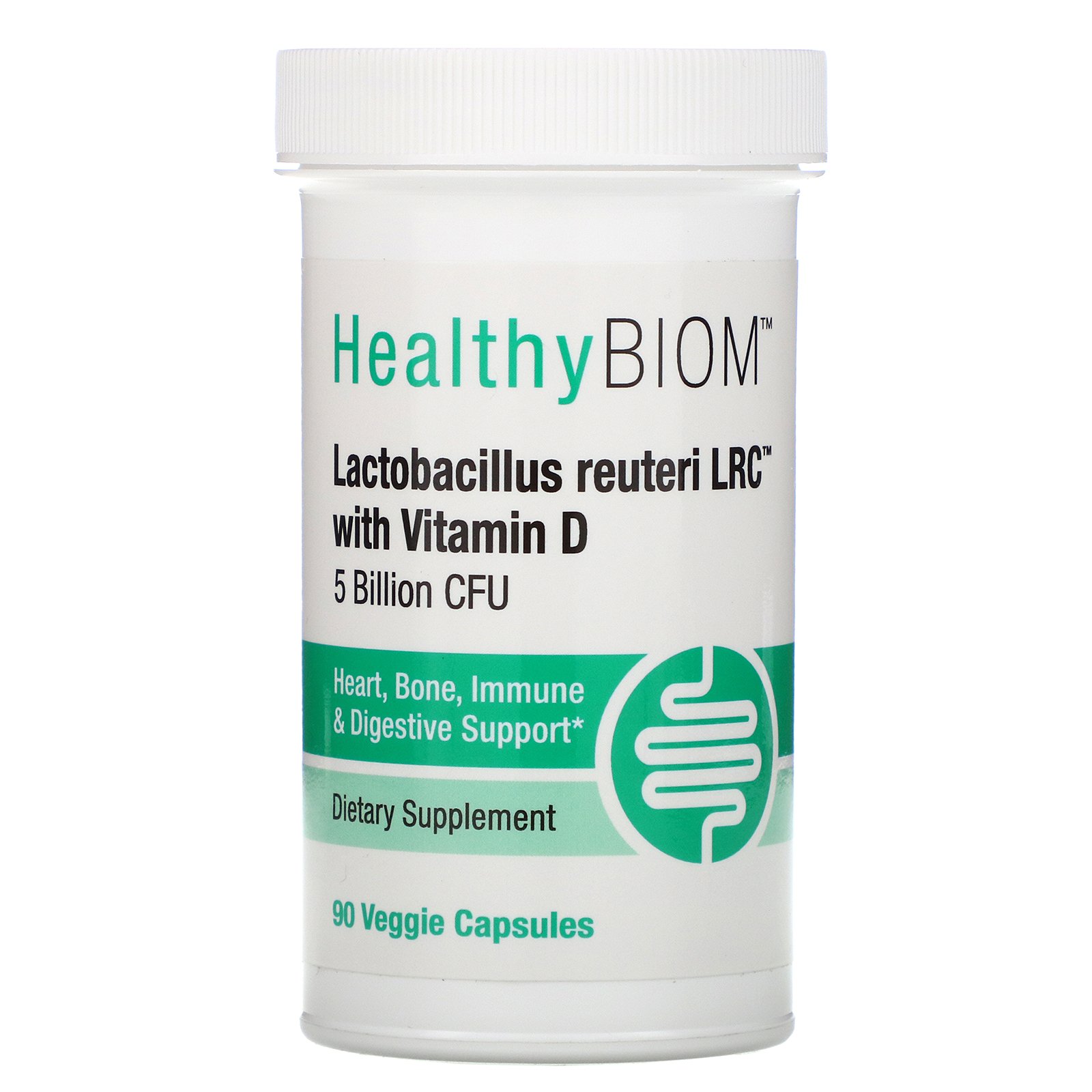 HealthyBiom, Lactobacillus Reuteri LRC com Vitamina D, 5 Bilhões de UFCs, 90 Cápsulas Vegetais