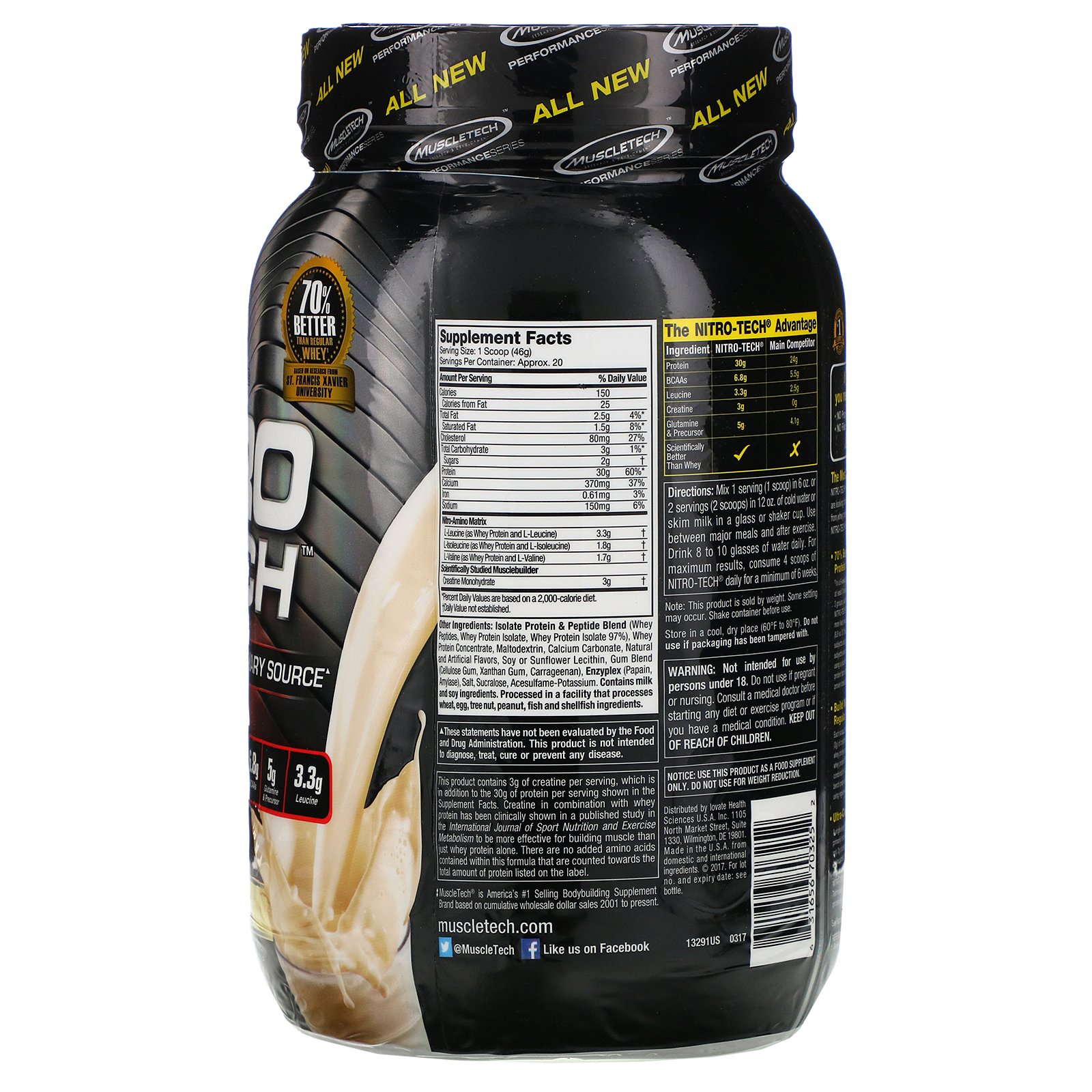 Muscletech, Nitro Tech, whey isolado + desenvolvedor de músculo magro, baunilha, 2 lbs (907 g) - Imagem 2