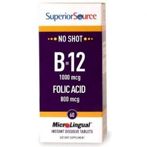 Superior Source No Shot B12 Cyanocobalamin - 1,000 mcg com Folic Acid 800 mcg - 60 Tabletes