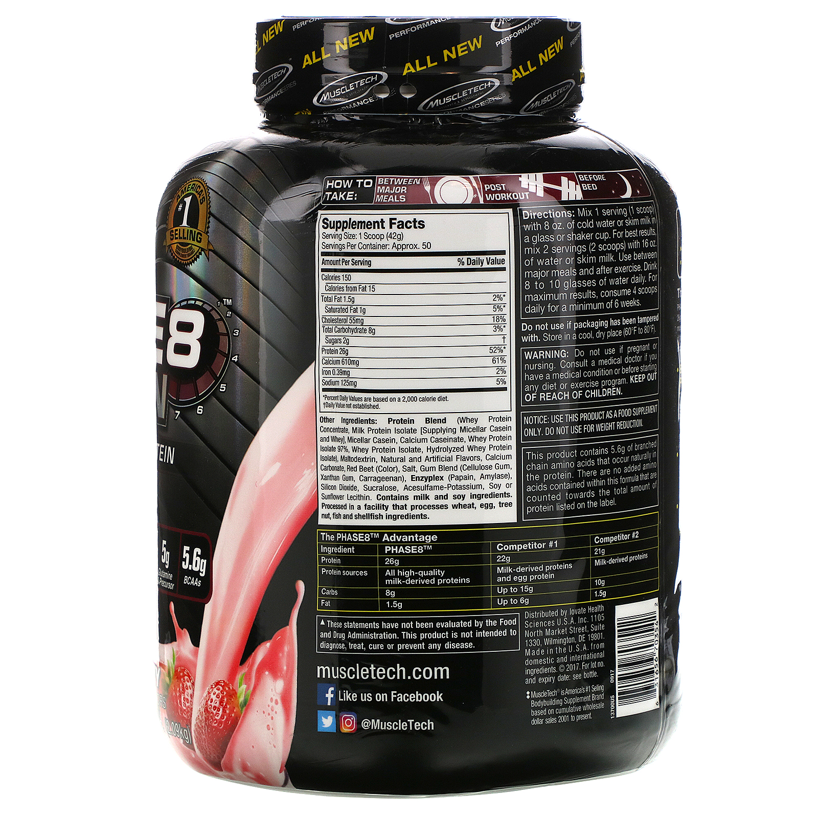 Muscletech, Performance Series, Phase8, Proteína Multifásica de 8 horas, Morango, 2,09 kg (4,60 lb) - Imagem 2