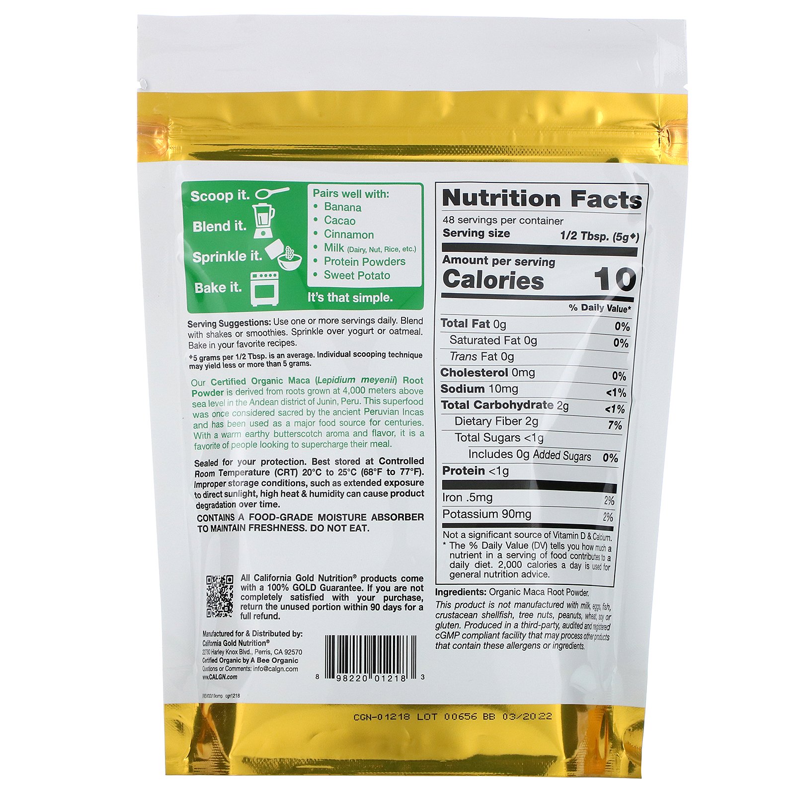California Gold Nutrition, Superfoods, Raiz de Maca Orgânica em Pó, 8,5 oz (240 g) - Imagem 2