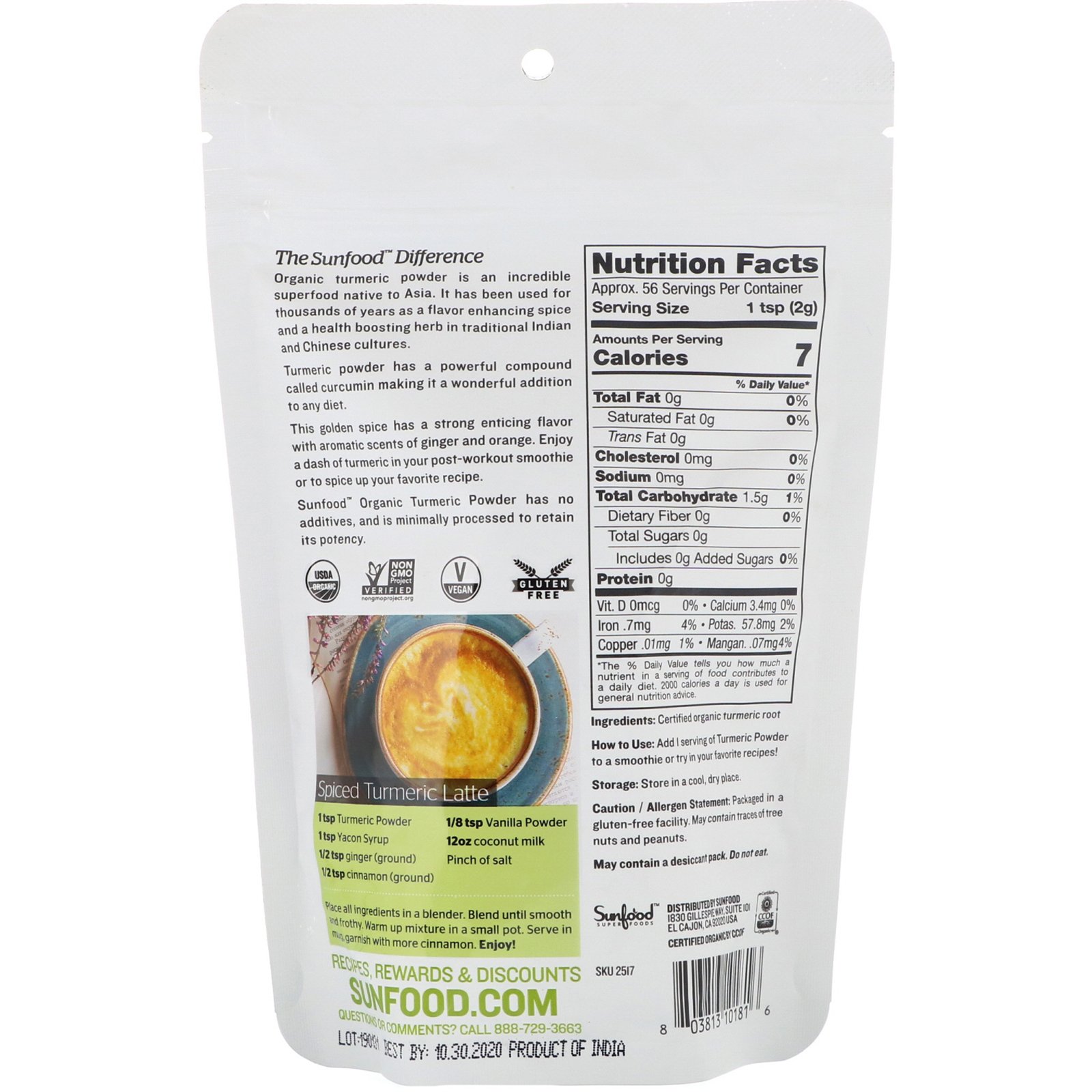 Sunfood, Organic Turmeric Powder, 4 oz (113 g) - Imagem 2