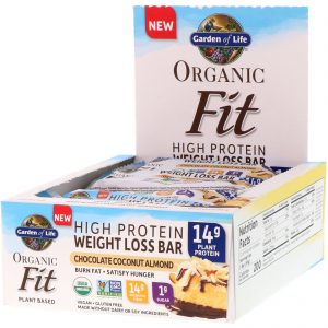 Garden of Life, Organic Fit, Barra com Alto Teor Proteico para Perda de Peso, Sabor Chocolate, Coco e Amêndoa, 12 Barras, 55 g (1,9 oz) Cada