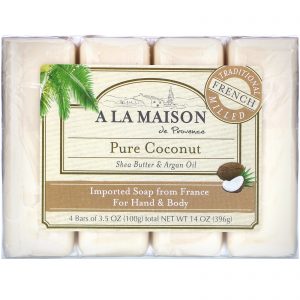 A La Maison de Provence, Sabonete em Barra para Mãos e Corpo, Coco Puro, 4 Barras, 3.5 oz cada