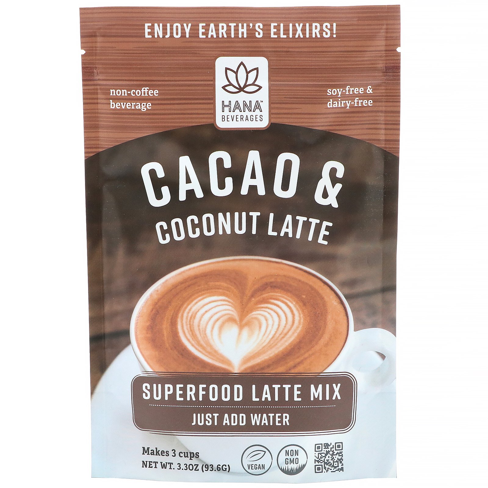 Hana Beverages, Latte de Cacau e Coco, Bebida de Superalimento Sem Café, 3,3 oz (93,6 g)