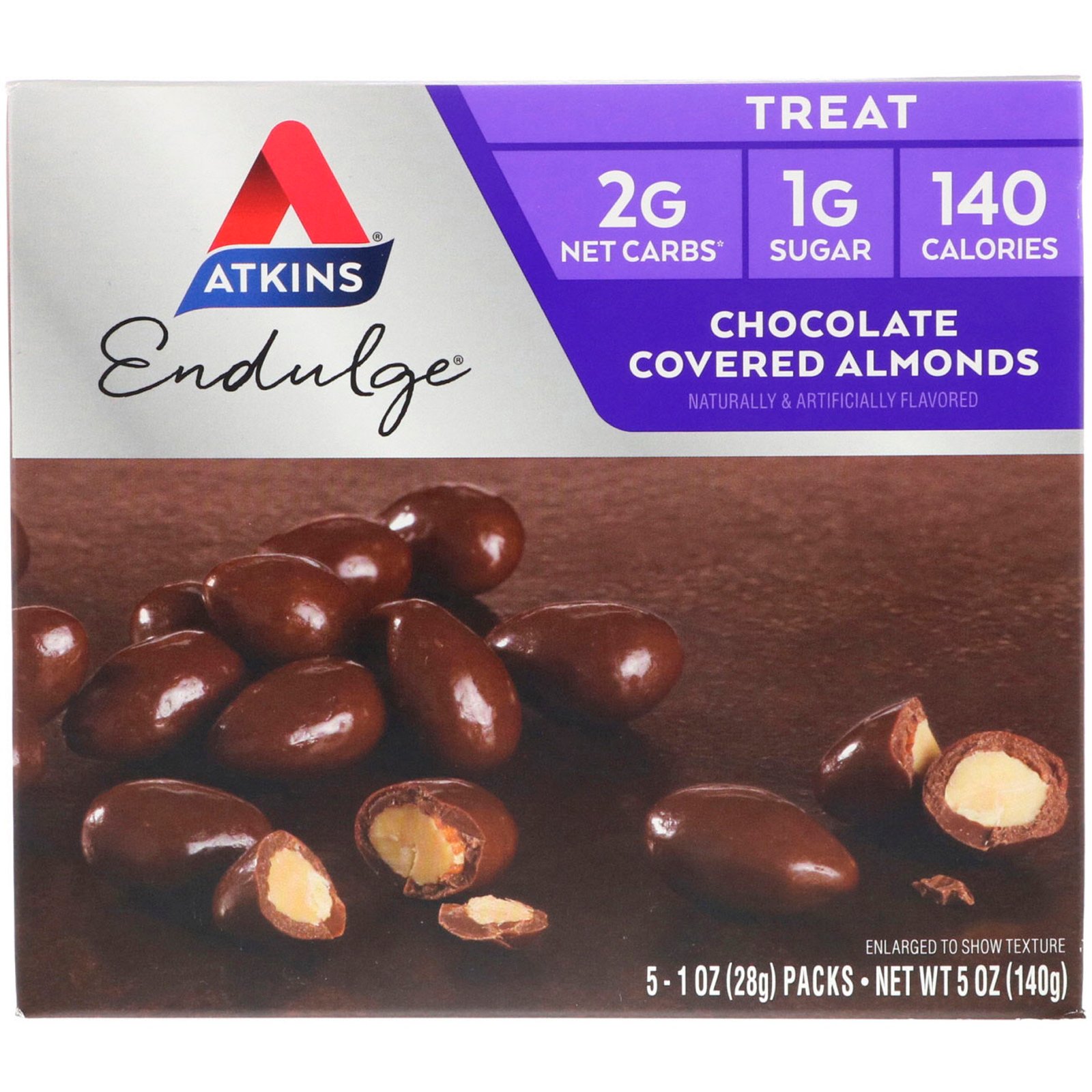 Atkins, Endulge, Amêndoas com Cobertura de Chocolate, 5 pacotes, 1 oz (28 g), cada