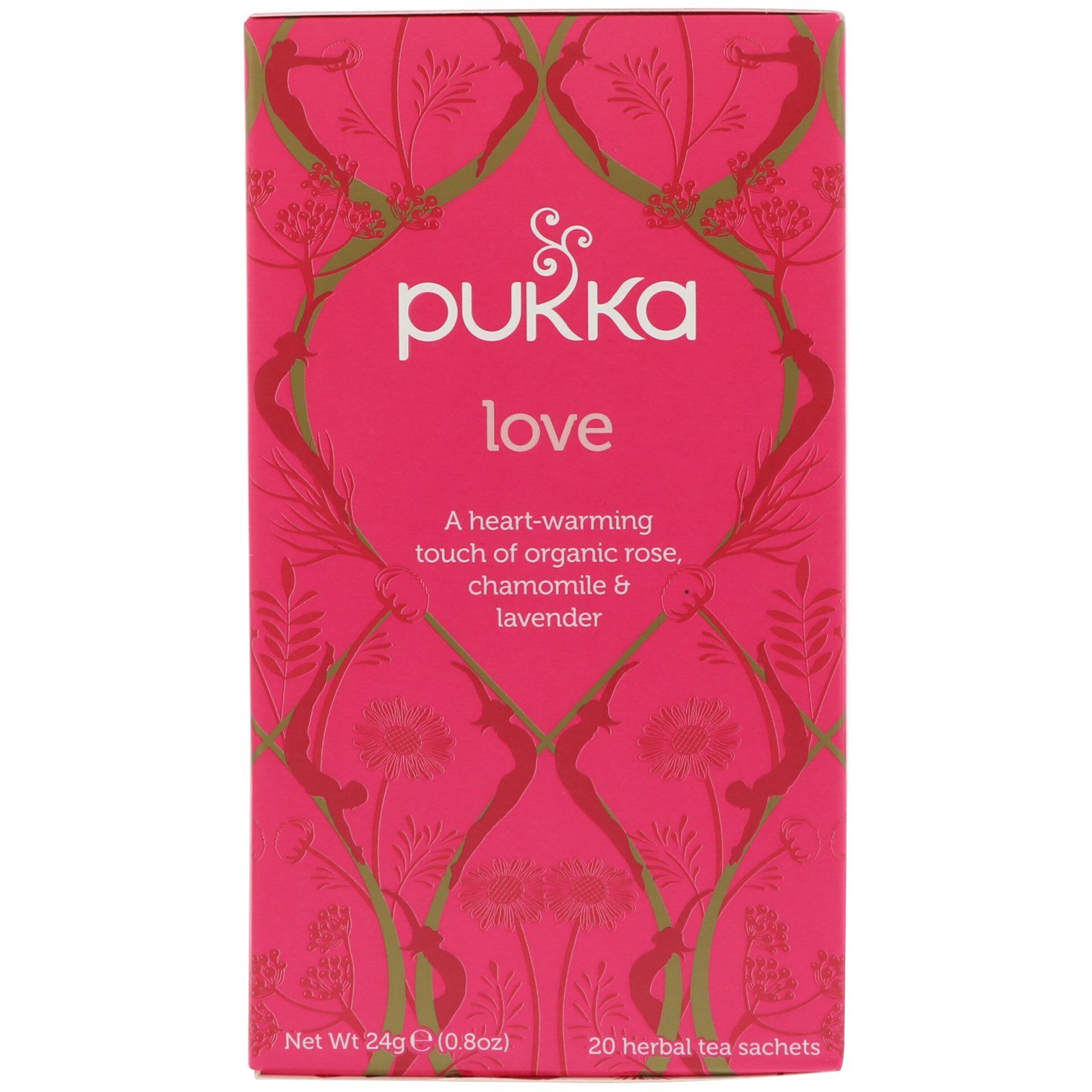 Pukka Herbs, Amor, Chá Orgânico de Rosa, Camomila & Lavanda, Sem Cafeína, 20 Sachês de Chá, 0,8 onças (24 g)