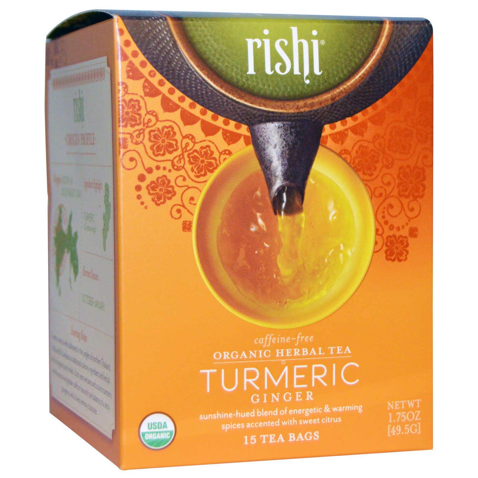Rishi Tea, Chá de Ervas Orgânico, Gengibre de Açafrão, Sem Cafeína, 15 Saquinhos de Chá, 49,5 g (1,75 oz)