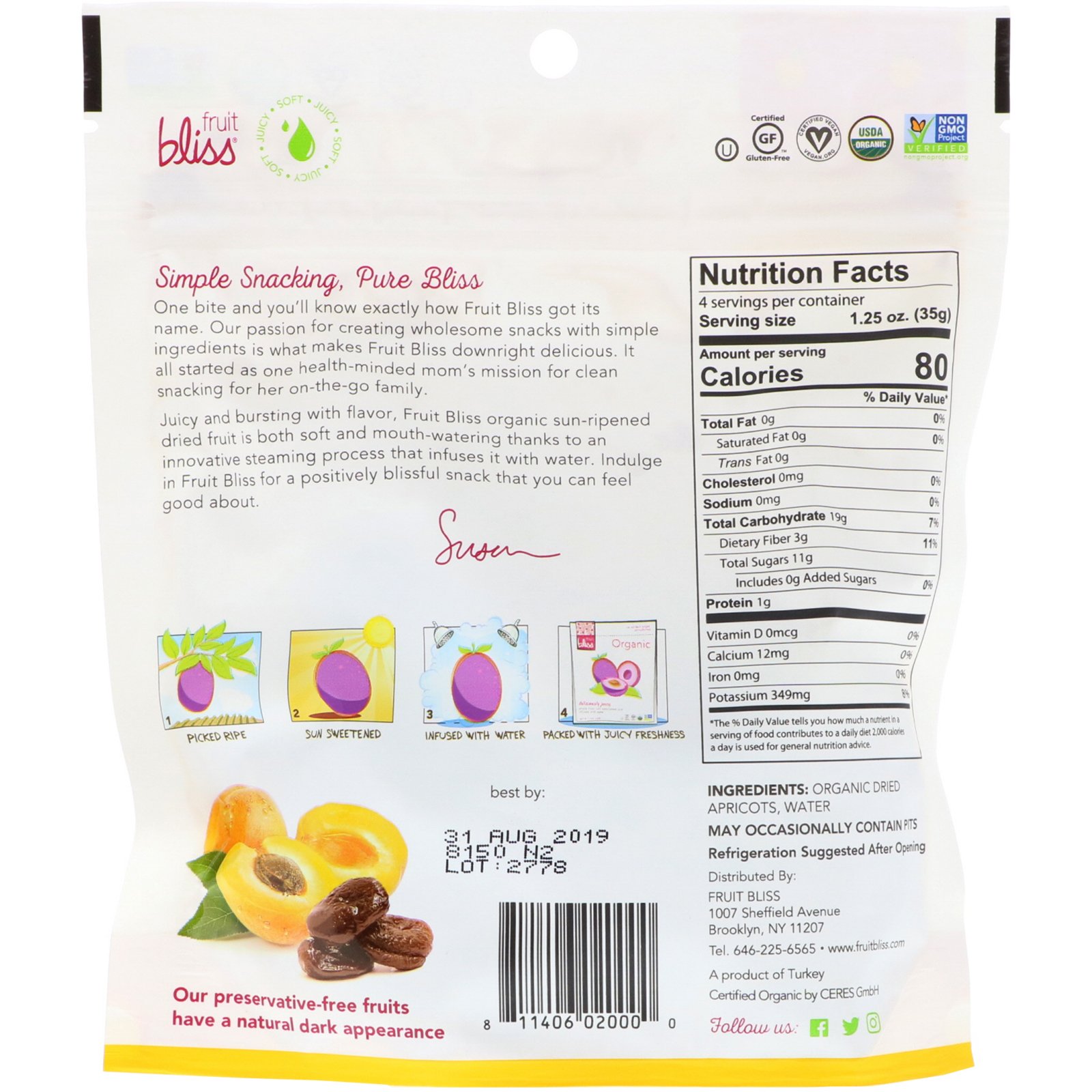 Fruit Bliss, Organic, Dried & Pitted Apricots, 5 oz (142 g) - Imagem 2