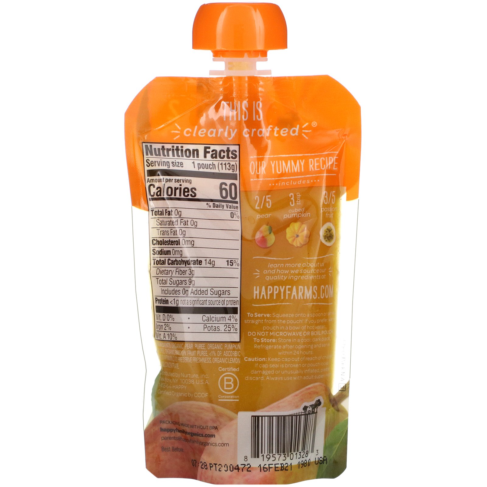 Happy Family Organics, Alimento Orgânico para Bebê, Idade de 2, 6+ Meses, Pera, Abobora e Maracujá, 113 g - Imagem 2