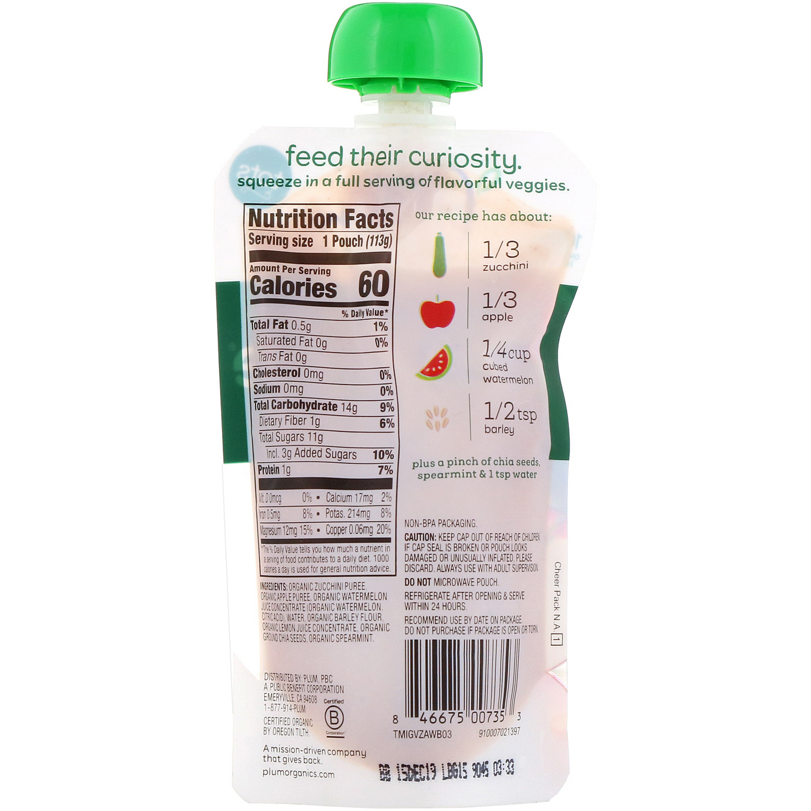 Plum Organics, Tots, Mighty Veggie, Abobrinha, Maça, Melancia, Cevada, 4 oz (113g) - Imagem 2