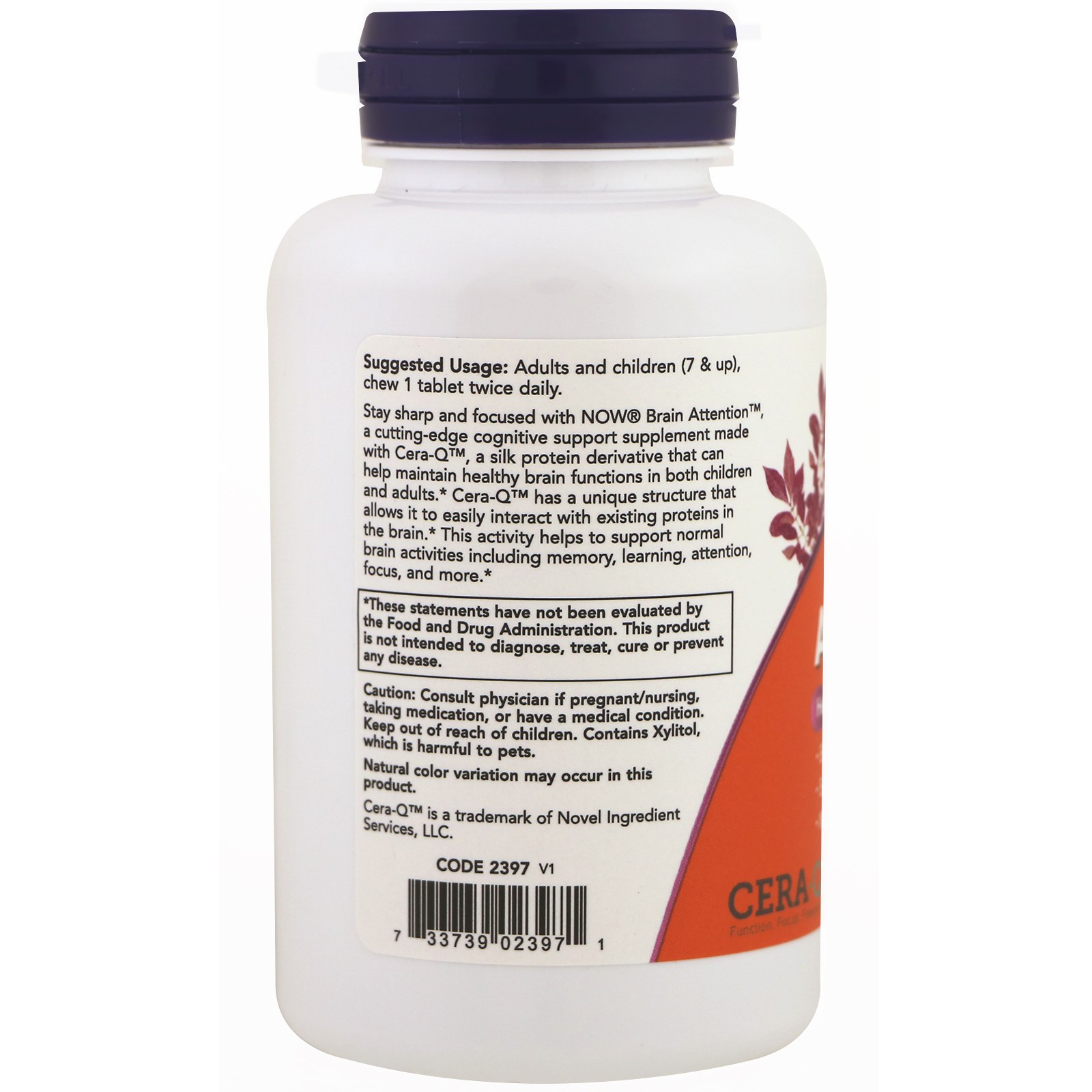 Now Foods, Brain Attention, Sabor Natural de Chocolate, 60 Mastigáveis - Imagem 3