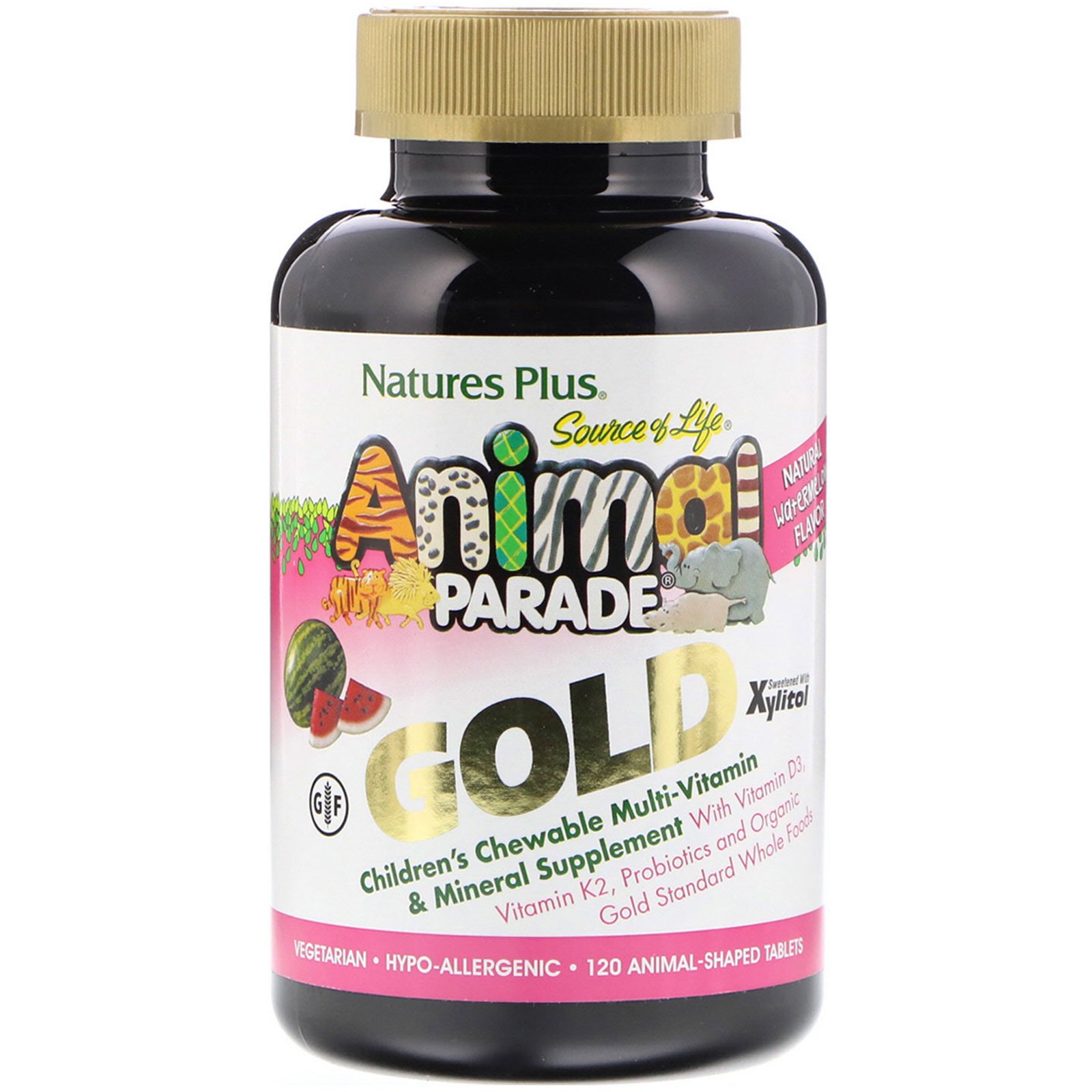 Nature's Plus, Source of Life, Animal Parade Gold, Suplemento Multivitamínico e Mineral Infantil Mastigável, Melancia, 120 Comprimidos em Forma de Animal