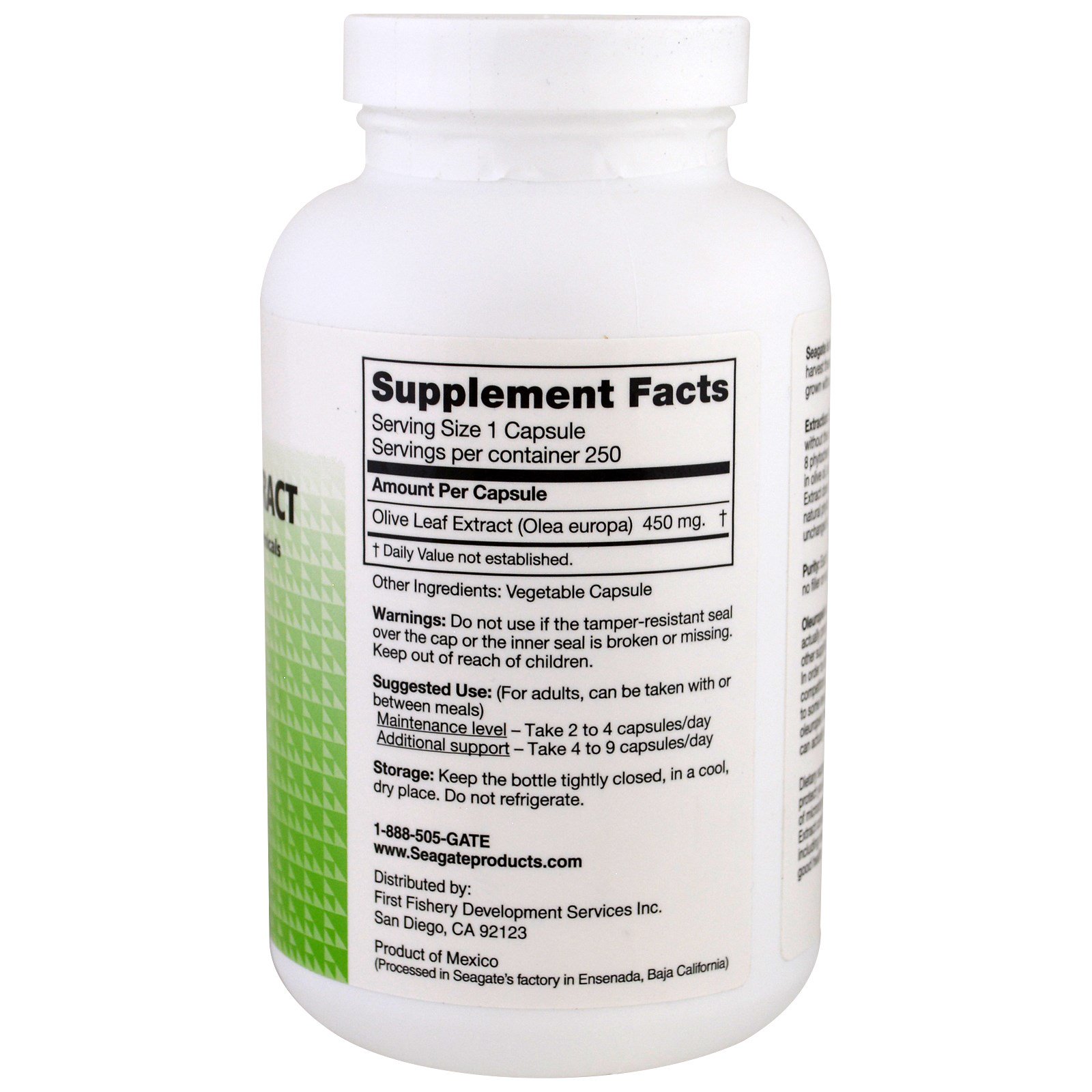 Seagate, Extrato de Folha de Oliveira, 450 mg, 250 Cápsulas Vegetarianas - Imagem 2