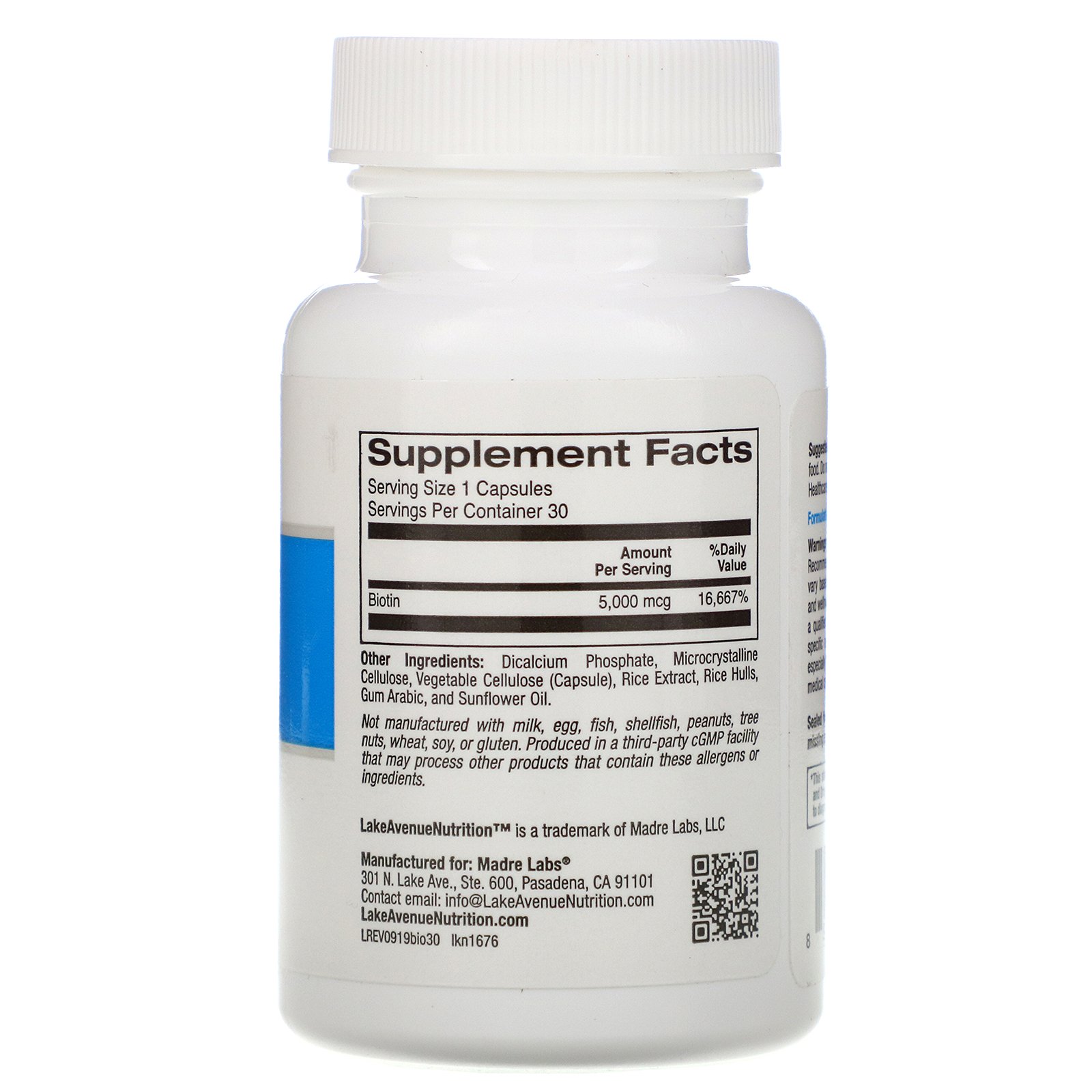 Lake Avenue Nutrition, Biotina, 5.000 mcg, 30 Cápsulas Vegetais - Imagem 2