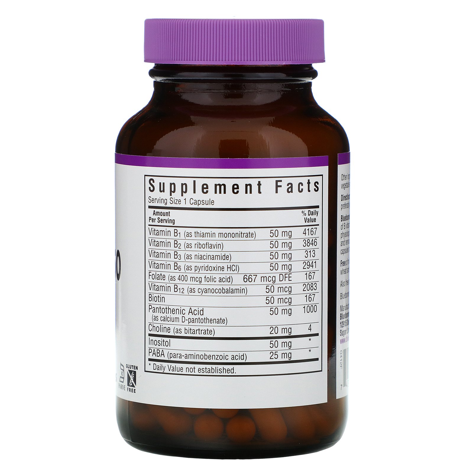 Bluebonnet Nutrition, B-Complex 50, 100 Vegetable Capsules - Imagem 2