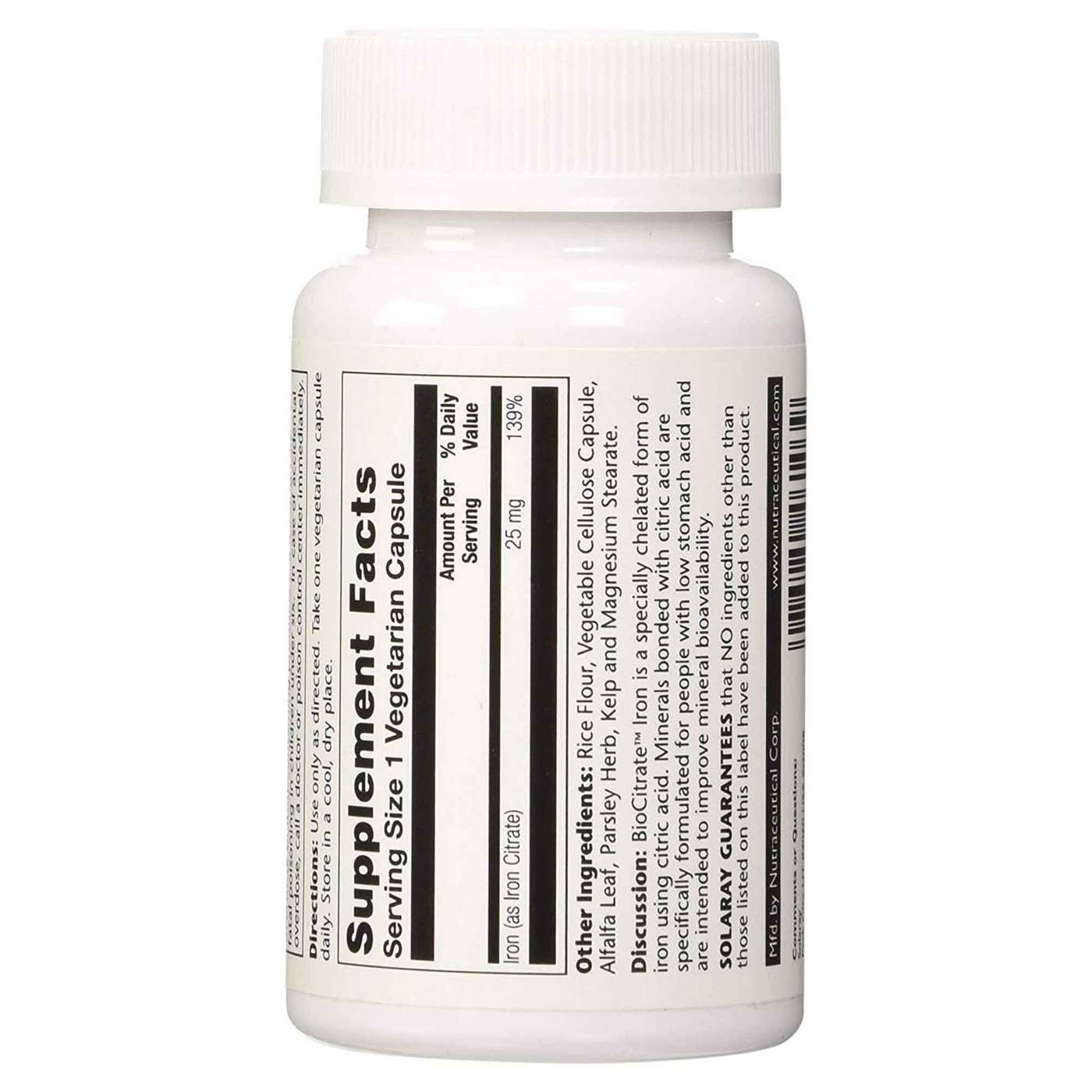 Solaray BioCitrate Ferro 25 mg 60 Cápsulas Vegetarianas - Imagem 2