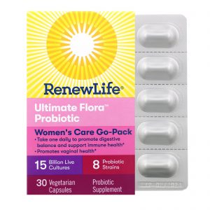 Renew Life, Cuidado Feminino Go-Pack, Probiótico Ultimate Flora, 15 Bilhões de Culturas Vivas, 30 Cápsulas Vegetarianas