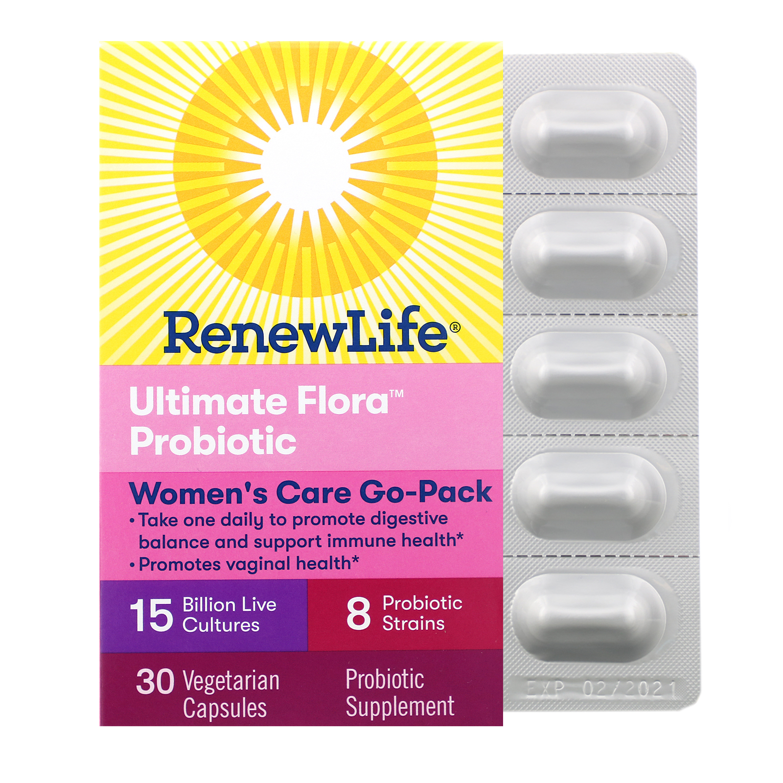 Renew Life, Cuidado Feminino Go-Pack, Probiótico Ultimate Flora, 15 Bilhões de Culturas Vivas, 30 Cápsulas Vegetarianas