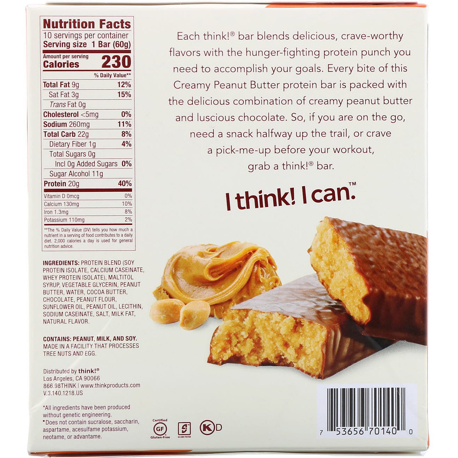 ThinkThin, Barras com alto teor de proteínas, Creamy Peanut Butter, 10 barras, 60 g (2,1 oz) cada - Imagem 3