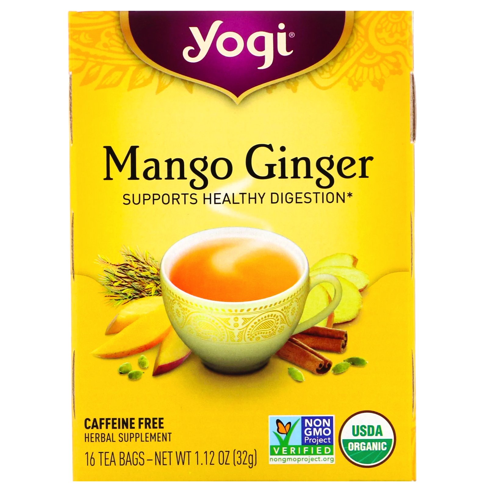 Yogi Tea, Organic Mango Ginger, Sem Cafeína, 16 Saquinhos de Chá, 32 g (1,12 oz)