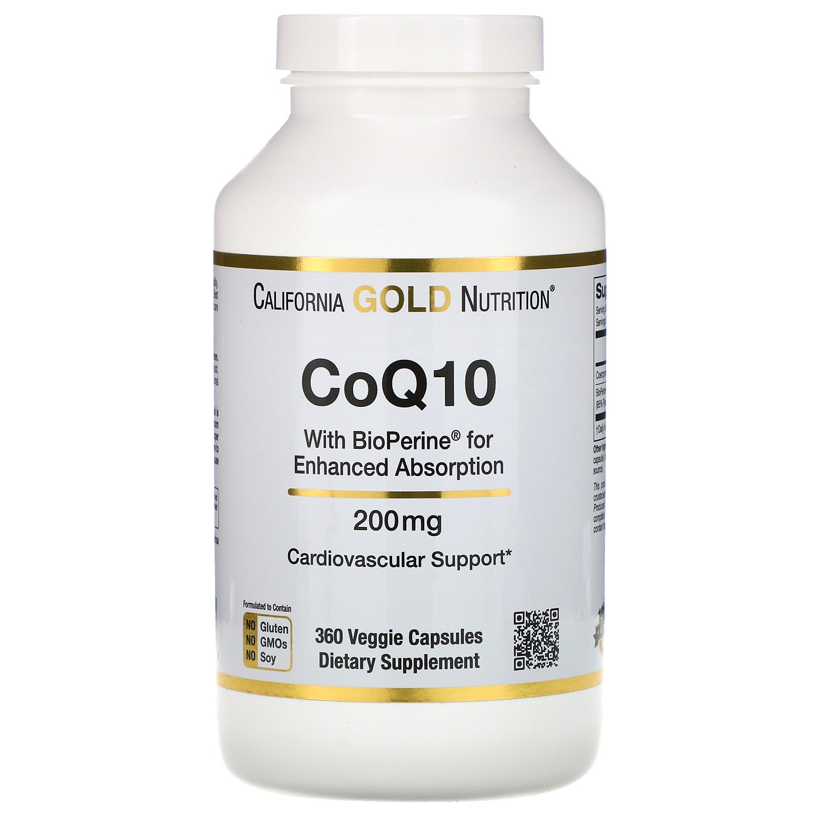 California Gold Nutrition, CoQ10 USP com Bioperine, 200 mg, 360 Cápsulas Vegetais