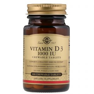 Solgar, Vitamina D3, Sabor Natural Redemoinho de Banana e Morango, 1000 UI, 100 Comprimidos Mastigáveis