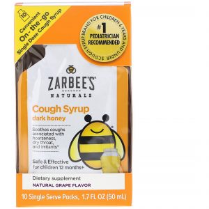 Zarbee's, Children's Cough Syrup, Dark Honey, On-the-Go, For Children 12 Months+, Natural Grape Flavor, 10 Single Serve Packs, 1.7 fl oz (50 ml)