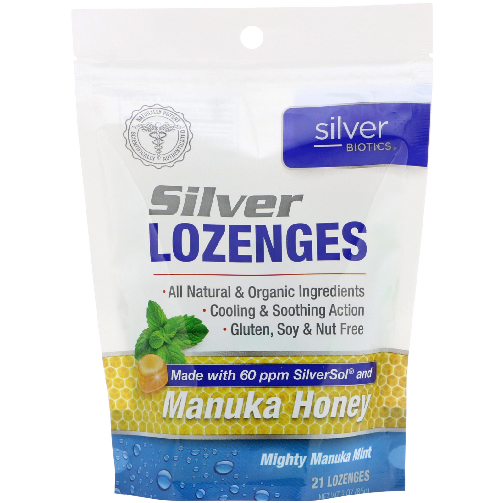American Biotech Labs, Silver Biotics, Pastilhas de Prata, 60 PPM de SilverSol, Poderosa Manuka com Menta, 21 pastilhas
